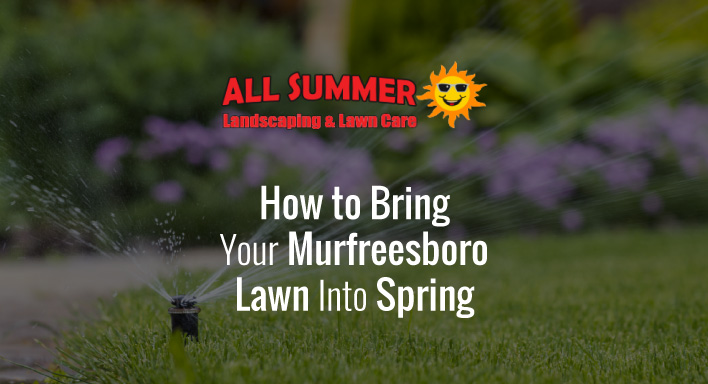 blog image of lawn with flower beds; blog title: How to Bring Your Murfreesboro Lawn Into Spring